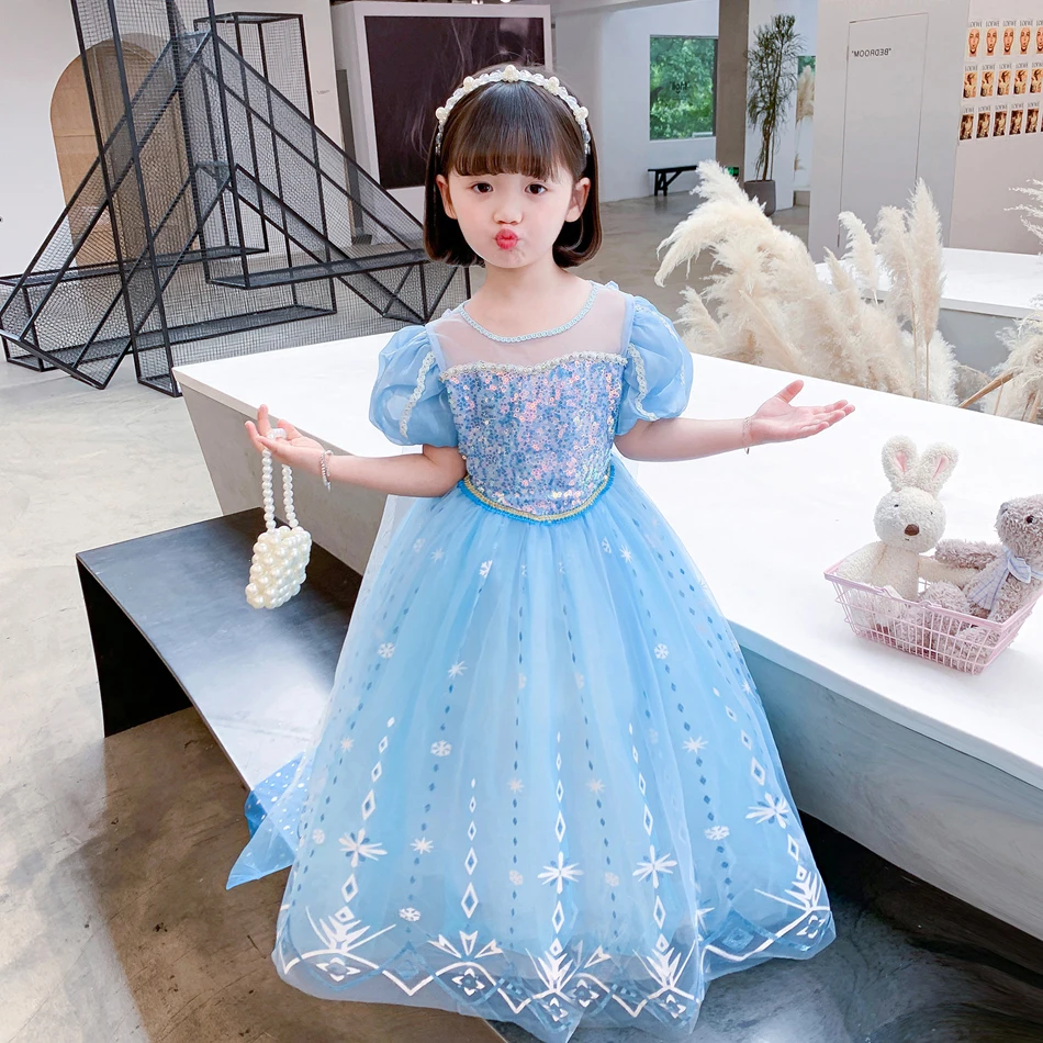 Disney Frozen Girls Dress Elsa Princess Cosplay Costume Kid Fancy Children Gowns Vestidos Snow Queen Sequins LED Flashing Light