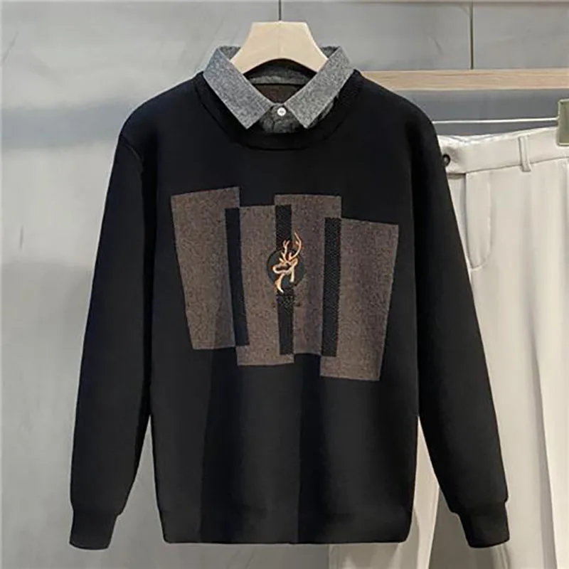 Mode Revers Gesplitst Borduurwerk Nep Twee Stukken Truien Heren Kleding 2023 Herfst Winter Losse Koreaanse Pullovers Casual Tops