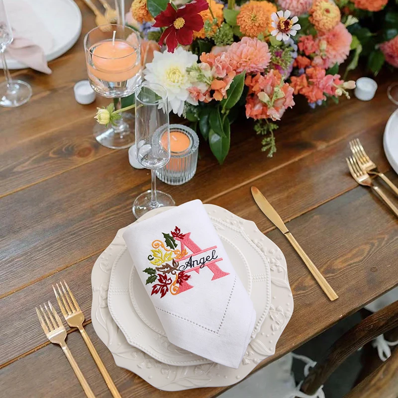 Maples Customized Monogrammed Embroidered Dinner Napkins，Maples & Name, Beautiful & Elegant Design, Great Gift, White Napkin