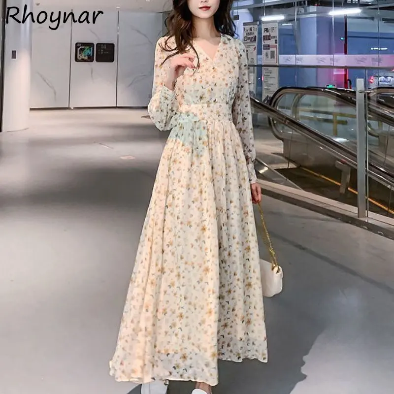 여성용 헐렁한 S-3XL 브이넥 플로럴 드레스, 가을 디자이너, 우아한 미학, 한국 패션, 부드러운 옷