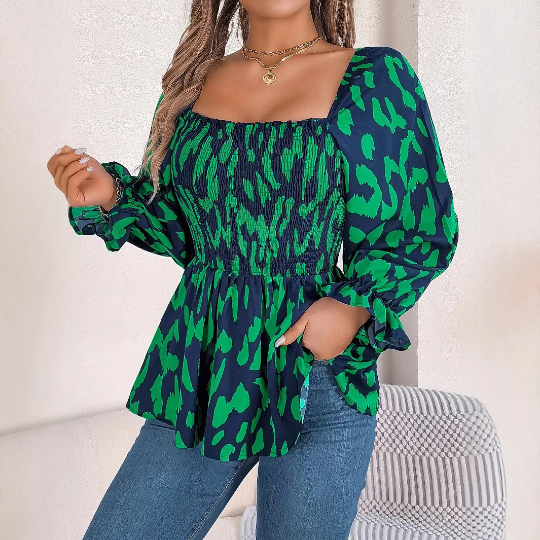 Frauen Bluse Leopard Print Top Quadrat Kragen Flare Hülse Essbaren Baum Pilz Blusen Chiffon Hemd Herbst Büro Dame