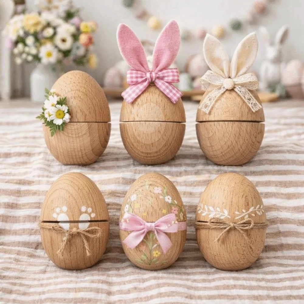 Unfinished Wooden Easter Eggshells Handcrafted Empty Carved Wooden Eggshells Mini Multi-Purpose Egg-shaped Storage Box