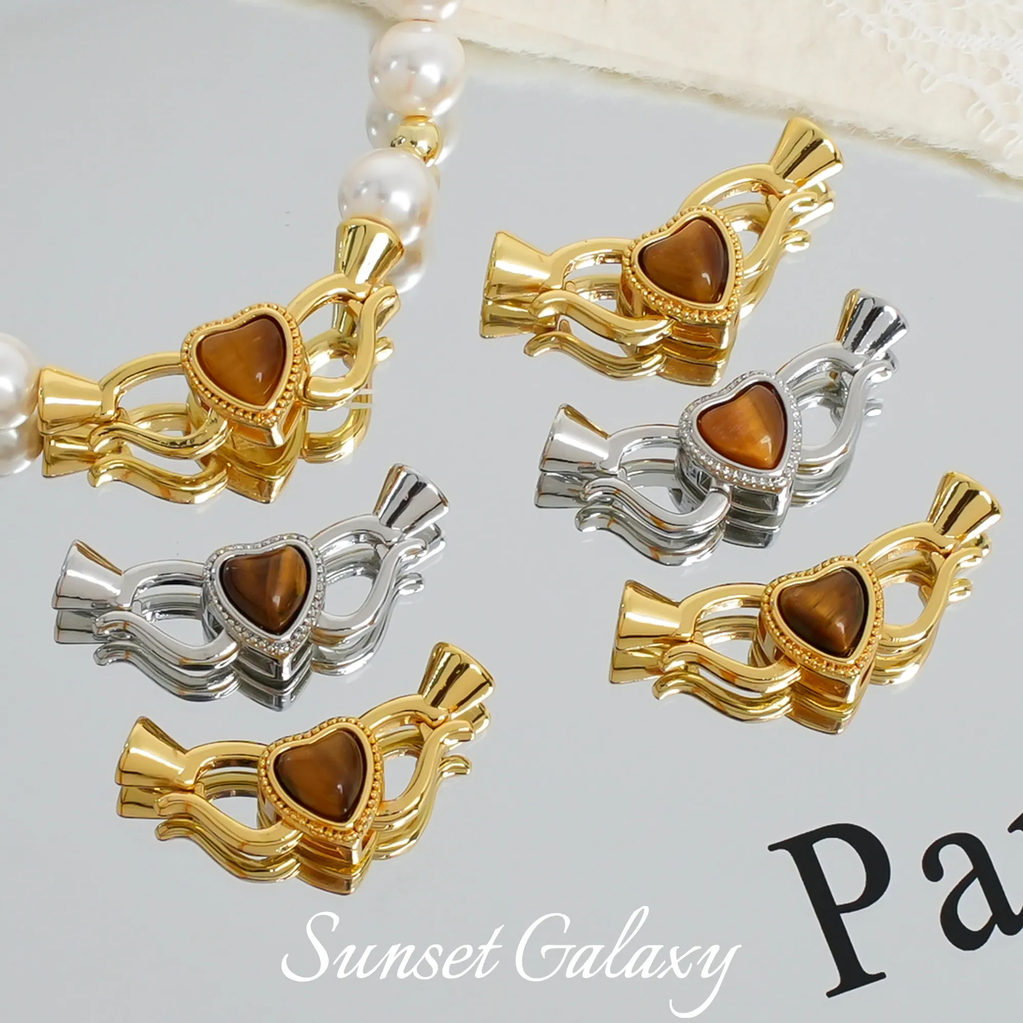 18K Gold Plated Tiger Eye Stone Heart Pearl End Clasp DIY Bracelet Necklace Jewelry Findings
