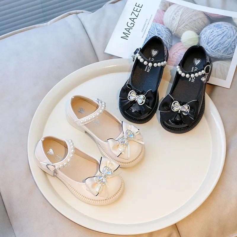 

2025 Rhinestone Bow Girl Leather Shoes Spring Fashion Pearl Kids Princess Student Shoes Flat Heels Children's Dresses Shoe 26-36