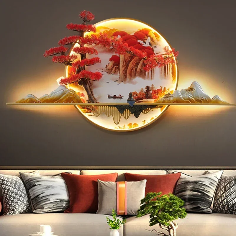 Modern Picture Wall Light LED Chinese Creative Landscape Pine Mural Lamp For Home Living Room Study Bedroom Decor