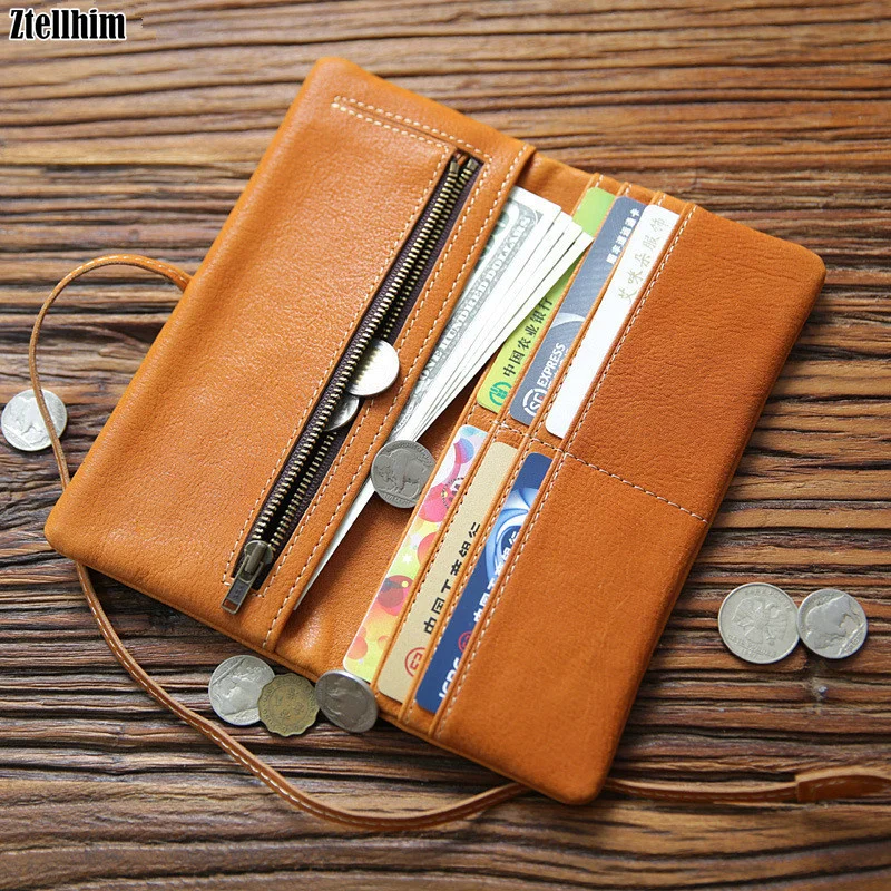 Genuine Leather Wallet For Men Women Cowhide Vintage Handmade Long Bifold Clutch Purse With Card Holder Zipper Coin Pocket Bag