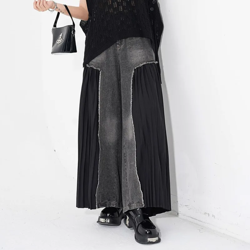 HKSH Women Wide Leg Jeasn Denim Patchwork Pleated Contrast Color Versatile Elegant Retro Casual Y2K Cropped Pants Summer HK22985