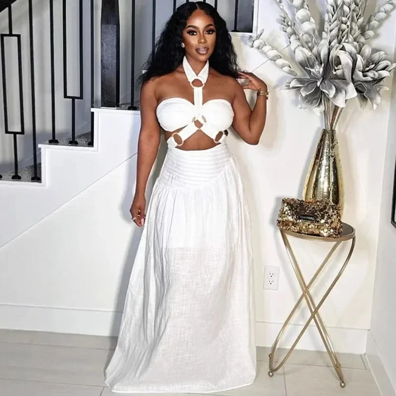Sexy Halter Backless Maxi Dress Sets Woman Two Piece Set Festival Outfit Y2K Bandage Hollow Out Top and Long Skirt Matching Sets