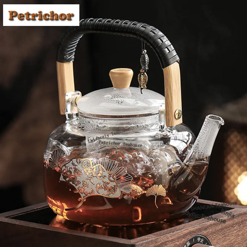 

1000 мл стеклянный чайник с листьями гинкго, эстетический чайник для заварки чая, чайник с ситечком, китайский чай, посуда, украшение, подарок