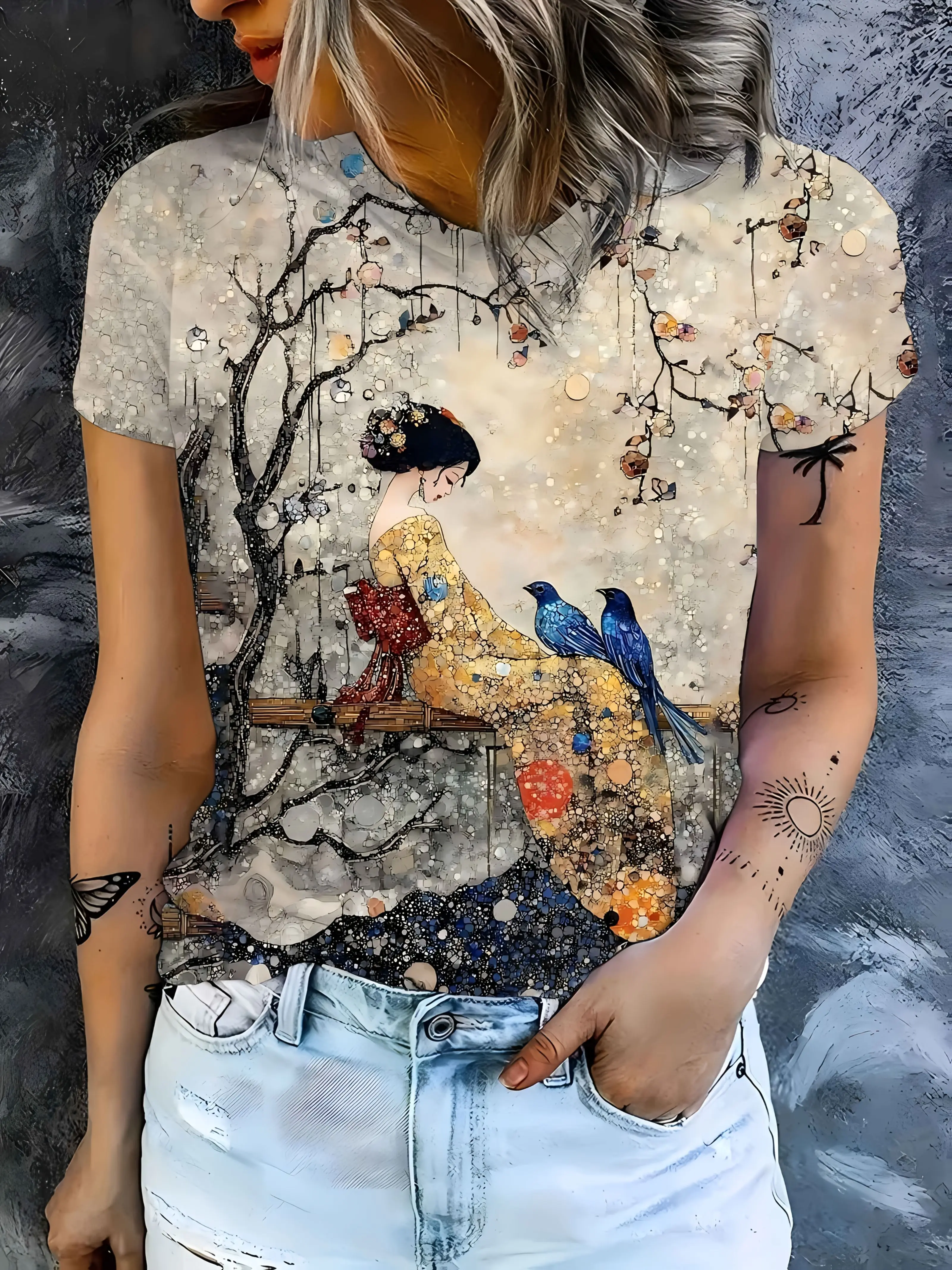 Beige Women's Tee - Japanese Geisha & Blue Birds Graphic, Artistic Oriental Print Design for Casual Daily Wear
