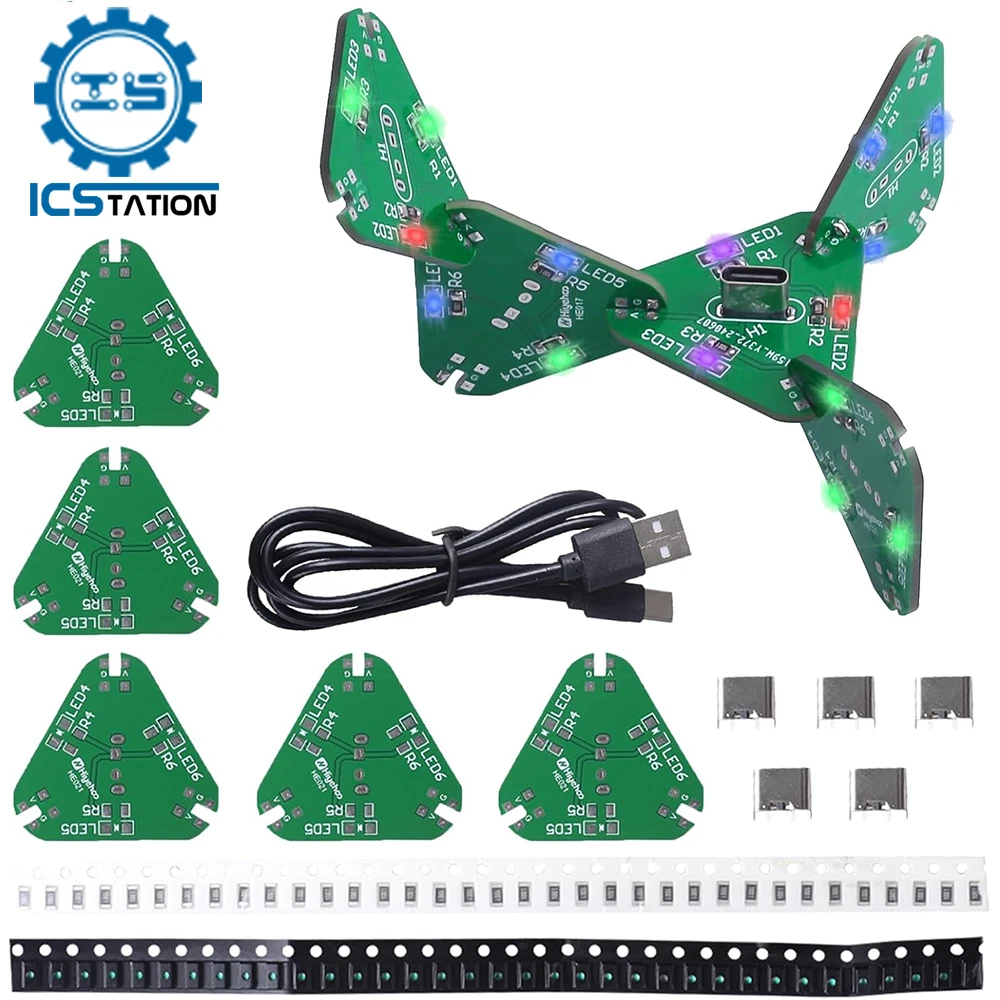 DIY Electronic Project Kit 5 Pcs Splicable Triangle Hexagon Creative PCB with Flash LEDs DIY SMD Soldering Practice Kit for STEM