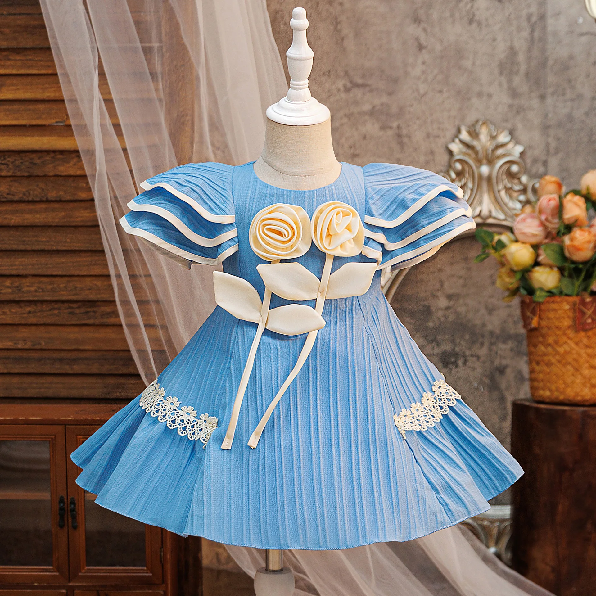 

HETISO Элегантное детское праздничное платье с 3D цветочной вышивкой и полосками, для свадеб, подружек невест и выпускных вечеров, для детей 6 месяцев - 3 лет