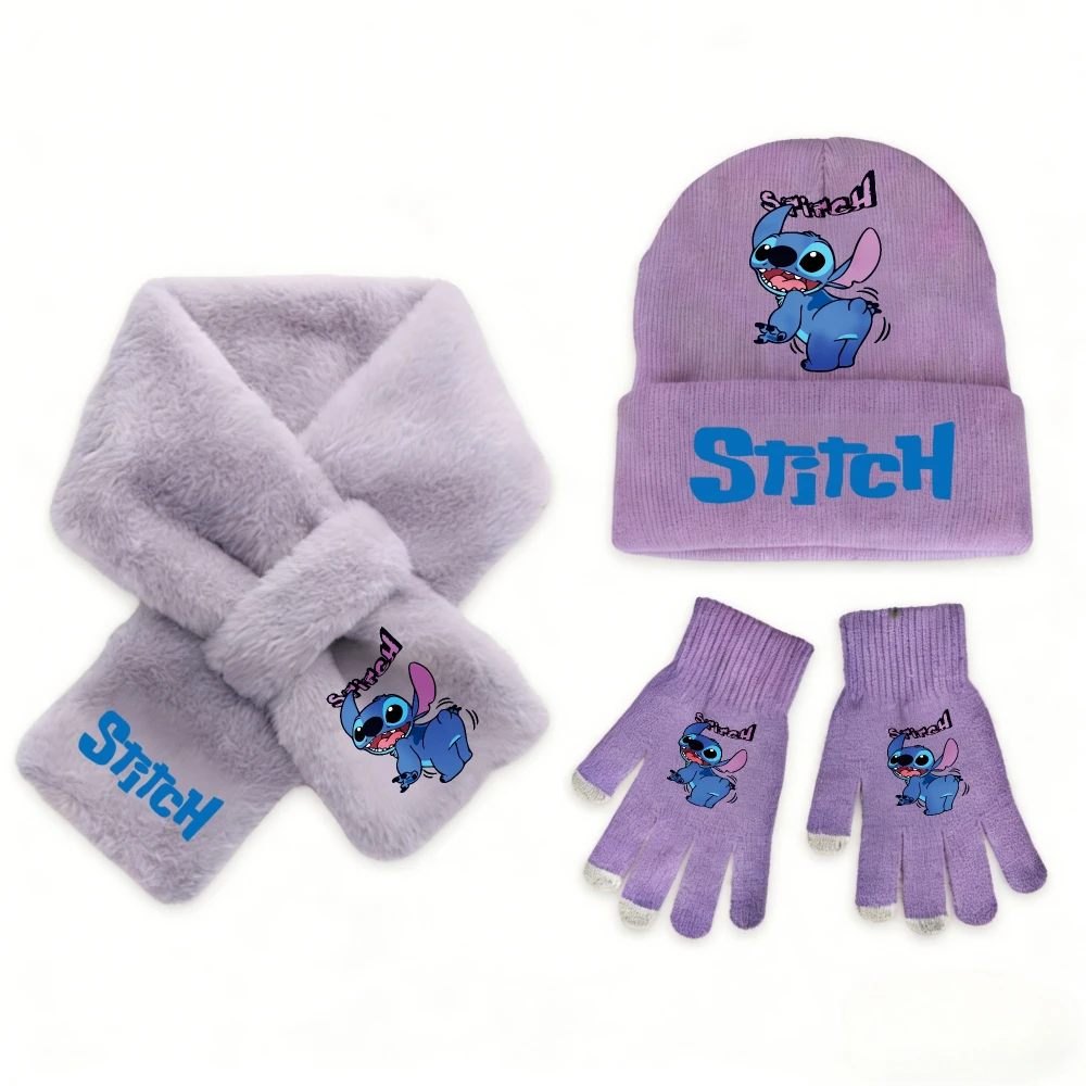 3 個ディズニーステッチファッションカジュアルアクセサリー冬暖かいかわいいニット帽子スカーフグローブセット女の子子供用完璧なクリスマスギフト