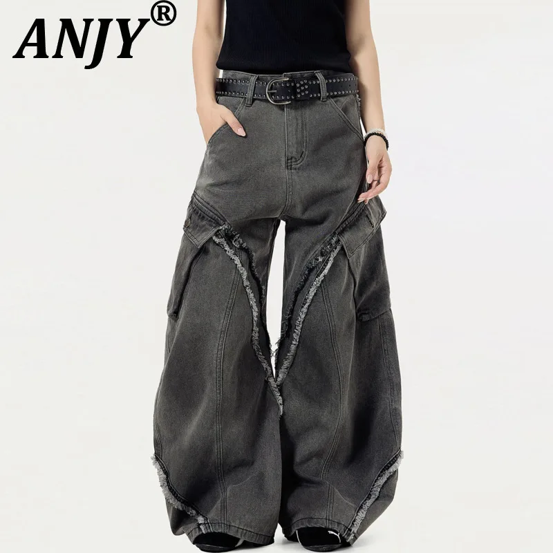 ANJY, осенне-зимние новые американские модные джинсы Tide, унисекс, нишевый дизайн, уличная одежда, потертые винтажные широкие джинсовые брюки A12098