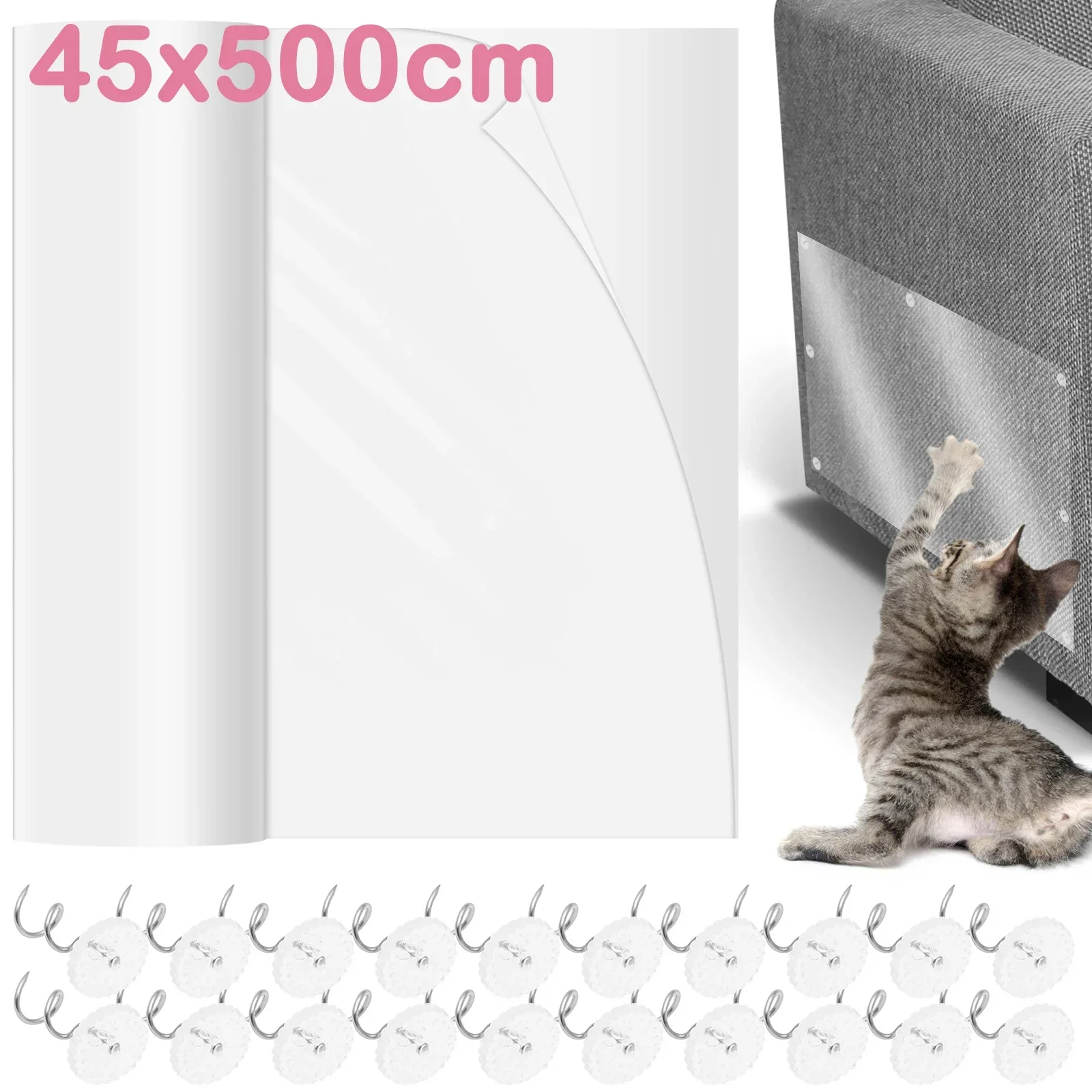 45x500cm Cat Anti Scratch Tape Transparent PVC Self-Adhesive Furniture Protection Cover With 60 Nails Cat Scrapers Accessories