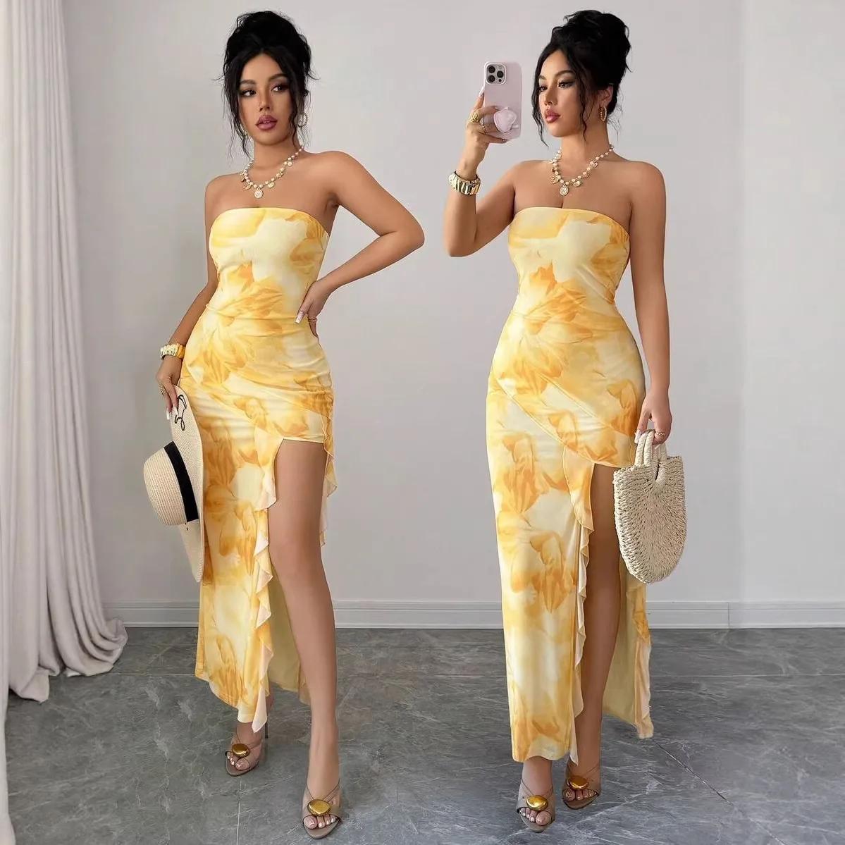 

2026 Spring-Summer Romantic Beach Vacation Dress: Yellow Floral Knitted Tube Top Bodycon Slit Skirt
