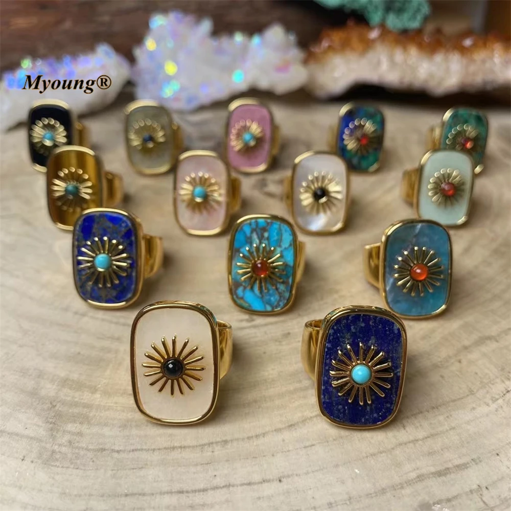 10PCS Exquisite Rectangle Natural Gems Stone Sun Rings Women Adjustable Moonstone Lapis Apatite Pure Gold Color Ring MY220824