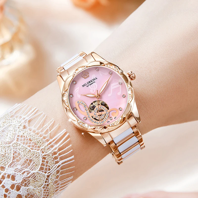 Luxury Mechanical Watch for Ladies Unique Skeletonized Musical Note Rhinestones Dial Stainless Steel Ceramic Strap Woman Gifts