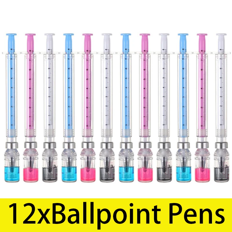 12Pieces Syringe Pens, 0.5mm Black Ink Syringe Pen, Gel Pen with Cap, Multicolor Fun Nurse Pens,School Novelty Pens