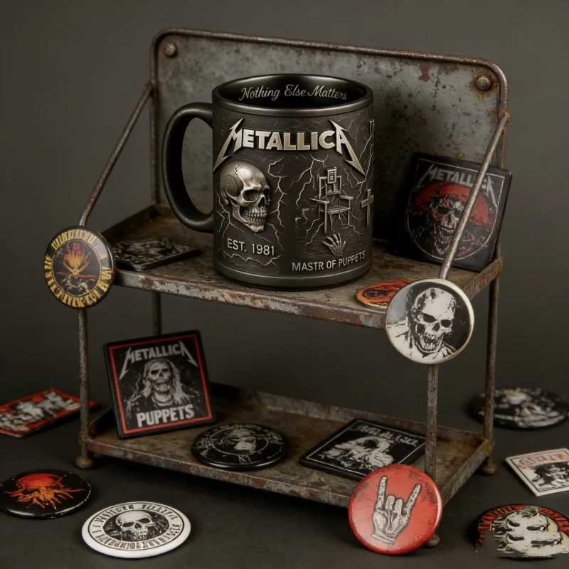 Vintage Rock Band Style Coffee Cup - Skull & Puppet Embossed Pattern, Durable Black Mug for Daily Use