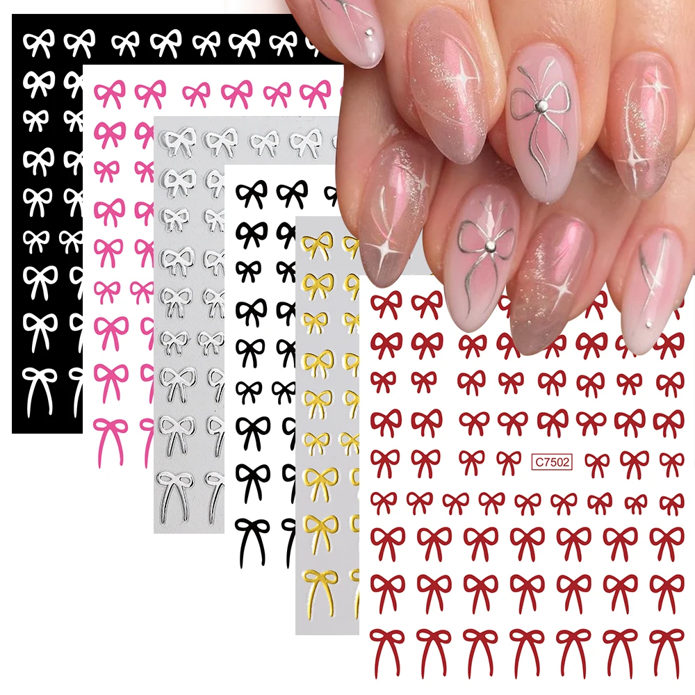 1pcs Mixed Sizes Red Bowknots Nail Stickers White/black/Silver Ribbon Bowknot Nail Decals Self-Adhesive Korean Manicure Decorati