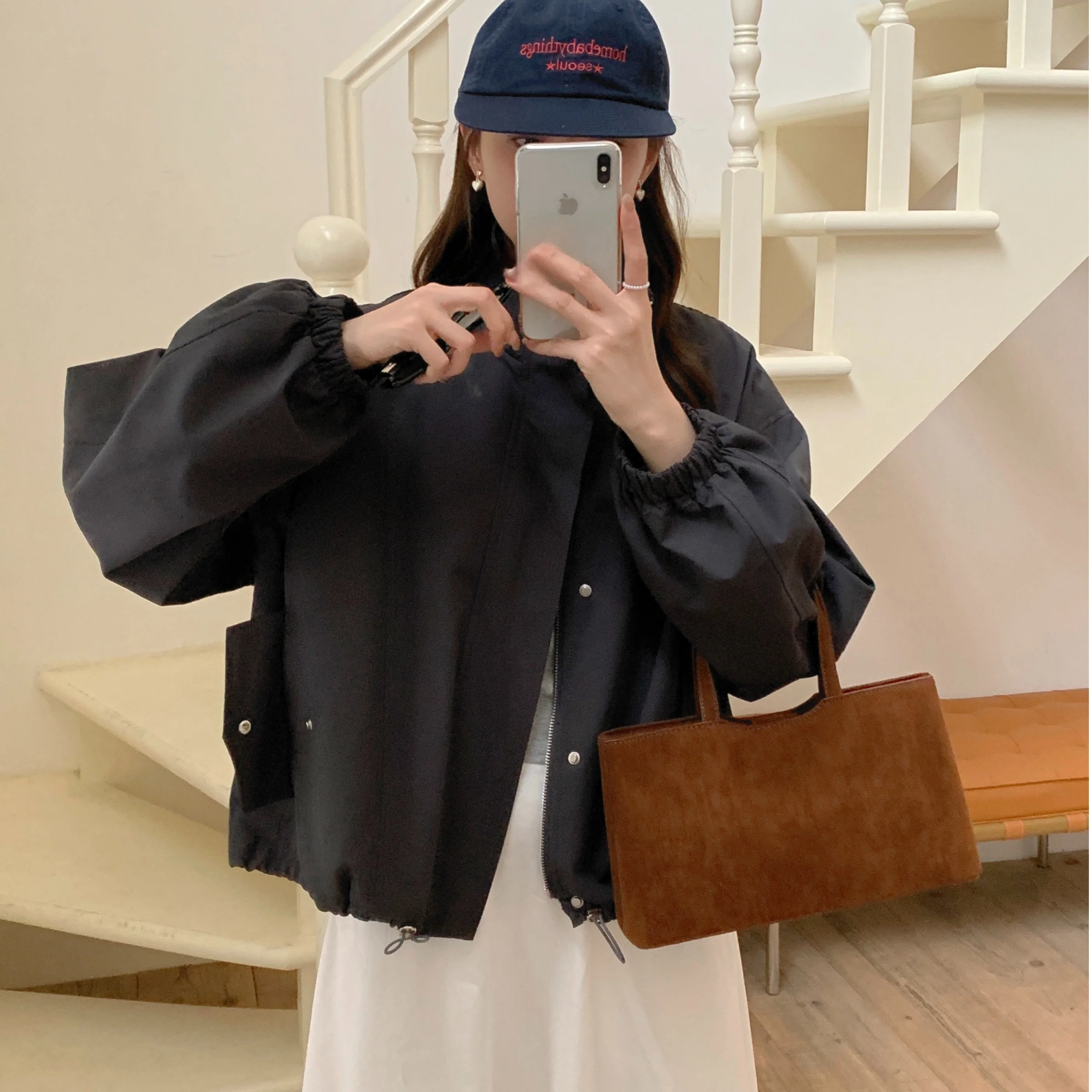 Korean Style Vintage Stand Collar Workwear Jacket Loose Casual Top Women's Fashion Commute Bubble Sleeve Long Sleeve Zipper