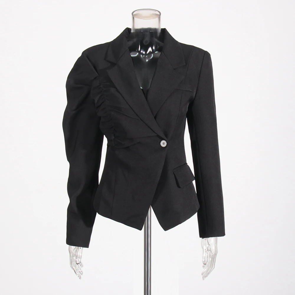 VGH  Irregular Solid Spliced Ruffles Elegant Blazer For Women Notched Collar Long Sleeve Spliced Button Slimming Blazer Female