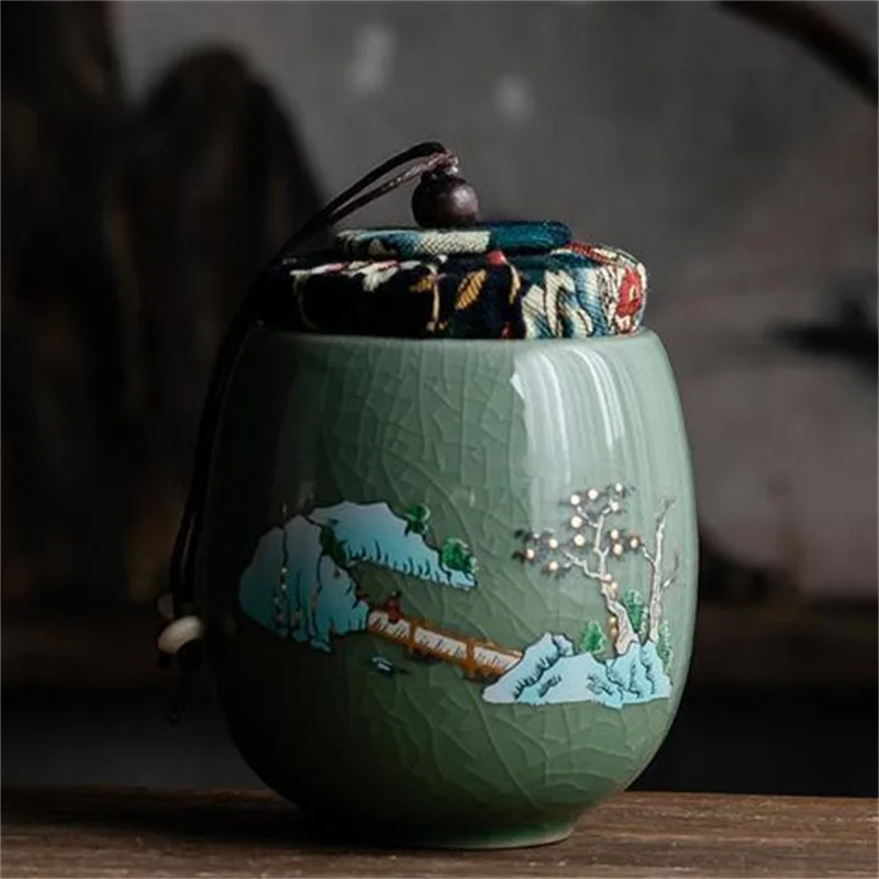 Ge Kiln Celadon Tea Caddy Chinese-style Ceramic Sealed Storage Tank Home Decorative Porcelain Jar Moisture-proof Tea Canister