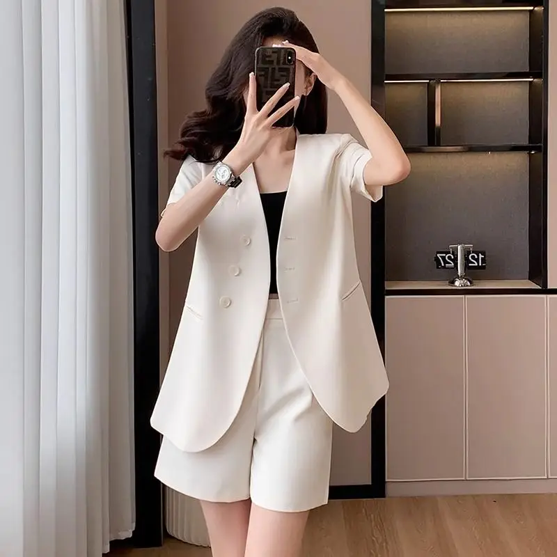 Women\'s 2024 Summer New Fashion Casual Short-sleeve Suit Jacket Shorts Two Piece Korean Elegant Loose Blazers Pants Macthing Set