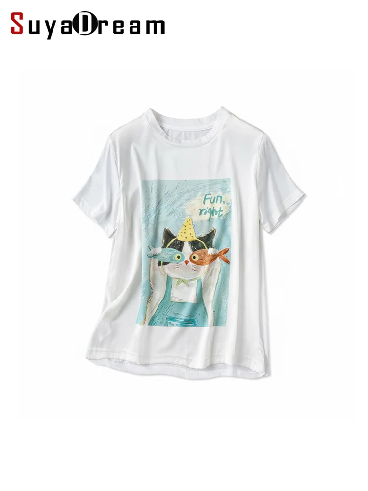 SuyaDream, t-shirt blanc décontracté d'été pour femmes, devant en soie, dos en coton, col rond, imprimé chat mignon, polyvalent, pour réduire l'âge, pour femmes