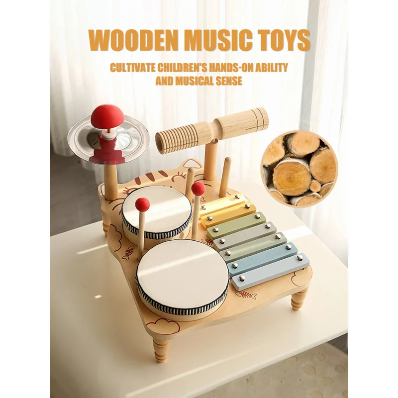 

Children wooden early Educational music percussion instrument piano drum gong baby hand drum Beat puzzle toys for kids gifts