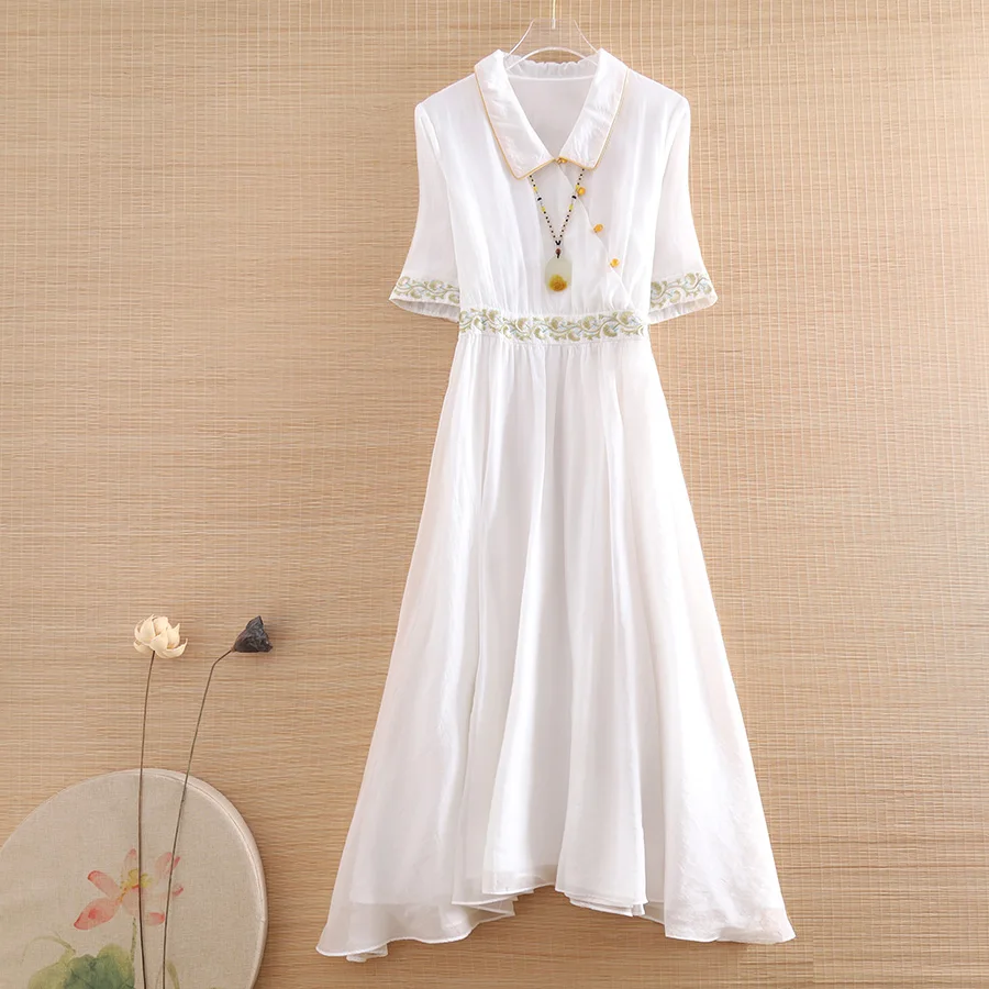 

High-end Spring Summer Women Rayon Dress Retro Elegant Embroidery Short Sleeve A-line Lady Party Hanfu Dress S-XXL