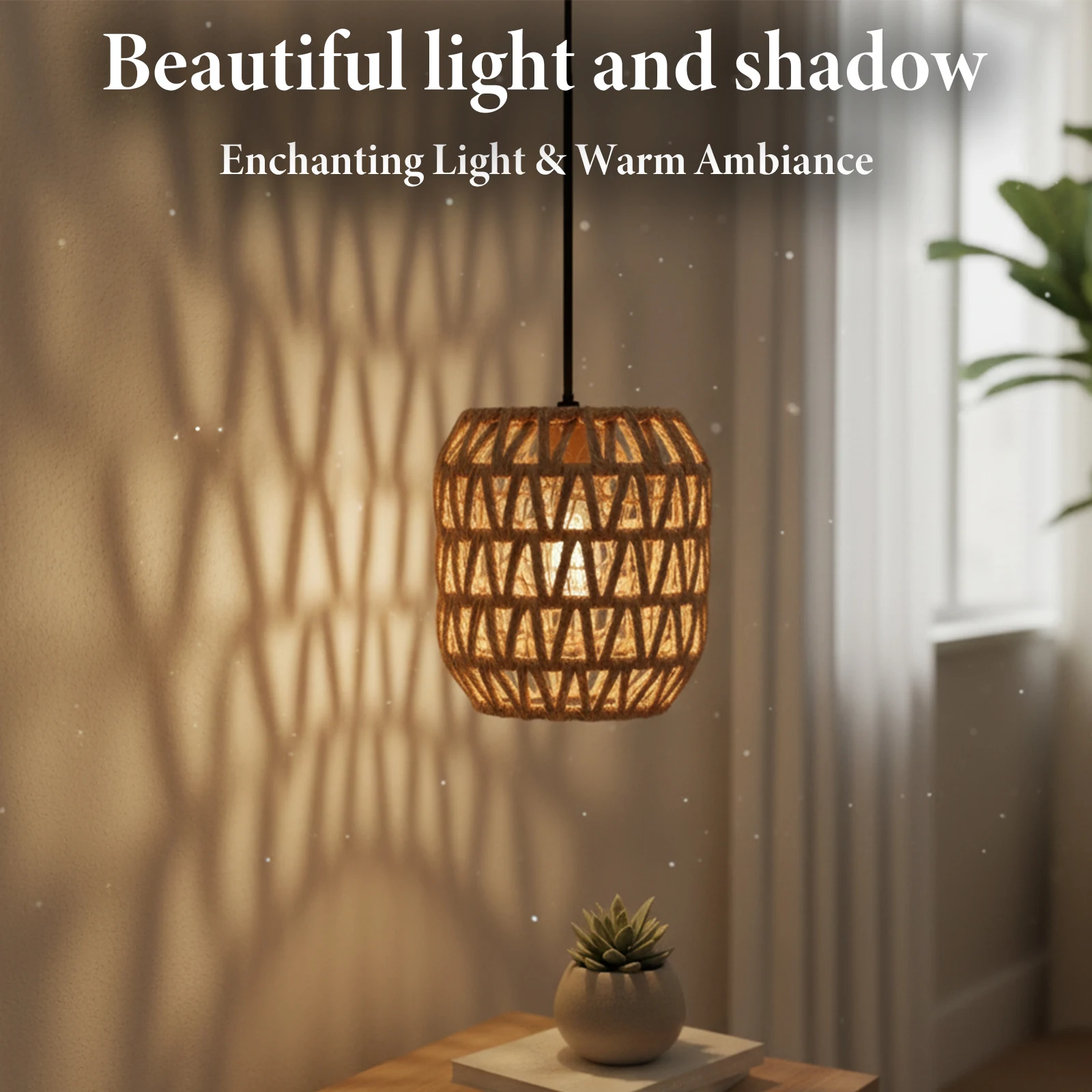 Hand Woven Paper Rope Lampshade Boho DIY Pendant Light Cover Retro Cylinder Lamp Shade Wall Ceiling Home Cafe Decor