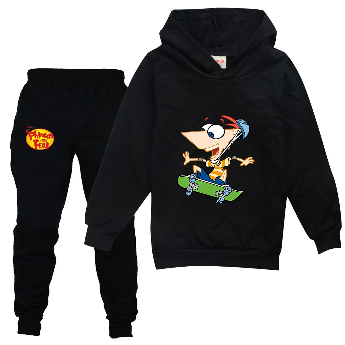 Phineas And Ferb Boys Girls Casual Thin Hoodies Black Pants Children Teen Outerwear Clothing Sets Kids Sportswear Suits