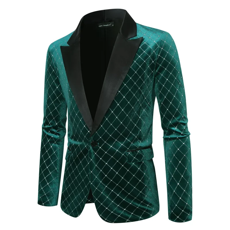 High-grade Men Luxury Gold Velvet Suit Single-button Loose Jacket Black Green Burgundy Male Wedding Party Dress Plaid Blazers