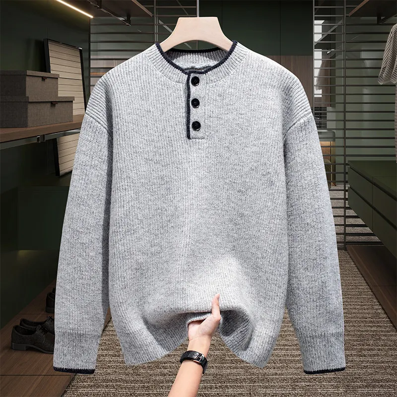 

Мужской модный повседневный вязаный свитер на пуговицах, теплая зимняя одежда, удобный лонгслив из полиэстера и нейлона