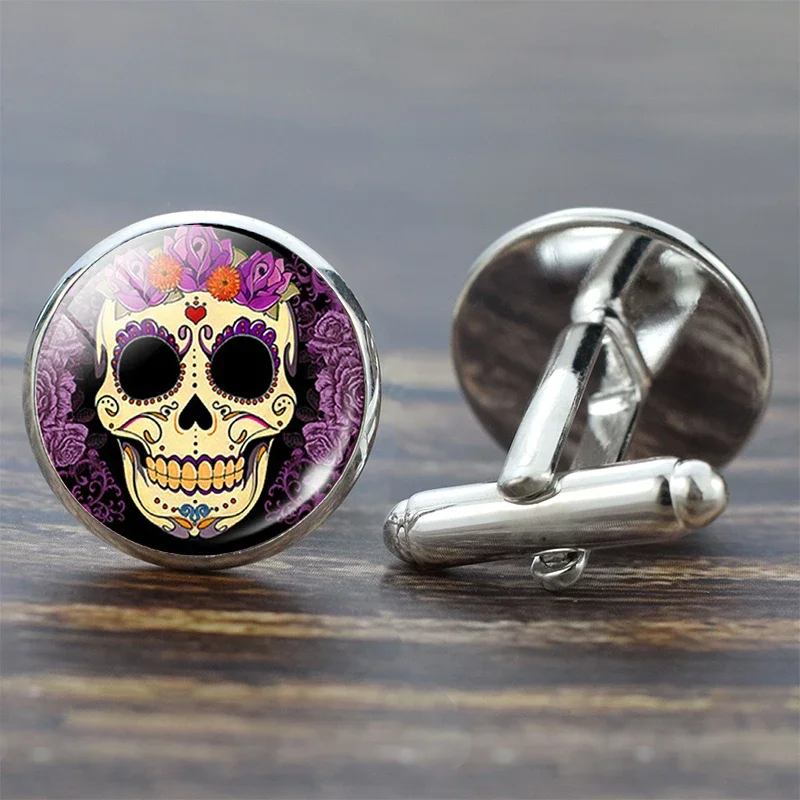 Skull Cufflinks for Men Suit Shirt Best Man Cufflinks Set Sugar Skull Jewelry Glass Cabochon Cuff Links Fashion Gifts
