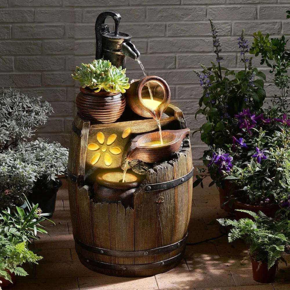 

Water Fountain Outdoor Rustic Barrel,4 Tiered Wood Barrel Cascading Water Fall Fountains Outside Feature with LED Lights