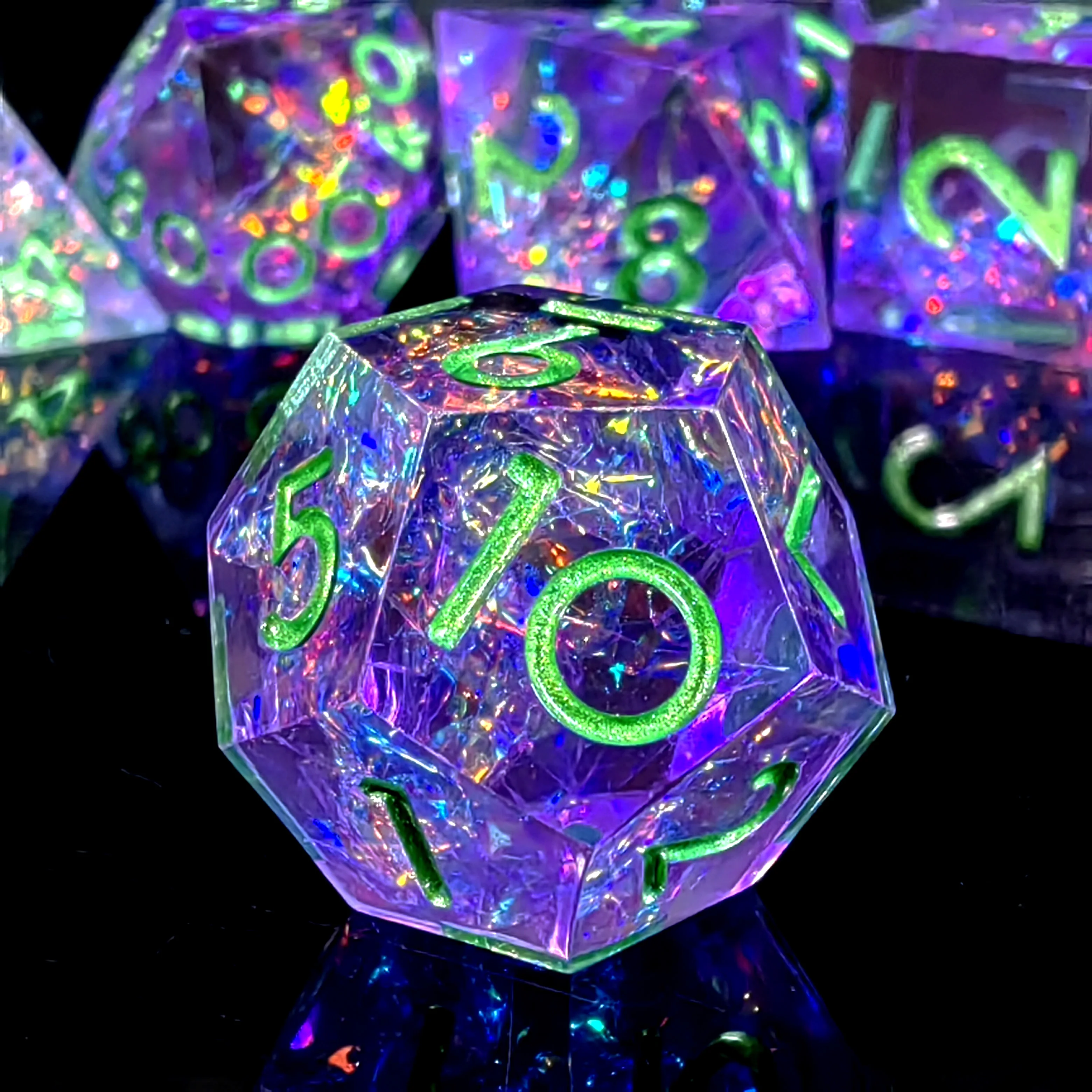 

7-Piece Resin DnD Dice Set, Purple Base with Green Numbers, Handmade Polyhedral Dice for Dungeons & Dragons and RPG Games