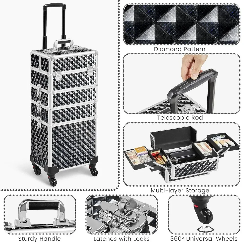 Train Case 4 in 1 Cosmetic Trolley Nail Tech Travel Case Rolling Makeup Organizer Salon Barber Case with Wheels Hairstylist