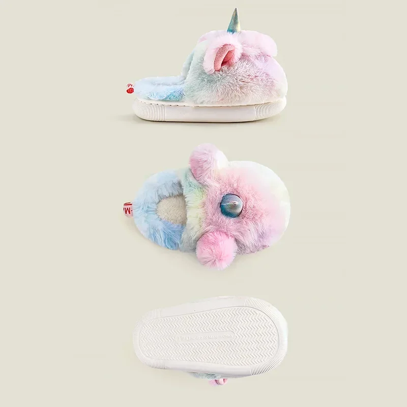 Winter Aged 2-10 Girls Unicorn Antiskid Cotton Shoes Children\'s Cartoon Home Indoor Mule Plush Slippers Warm Furry Kids Footwear