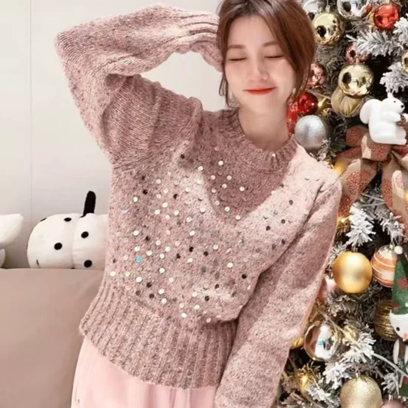 

Vintage All Match Fashion Sequined Sweater for Women's New Year, Winter Korean Knit Sweater, Casual Round Neck Top