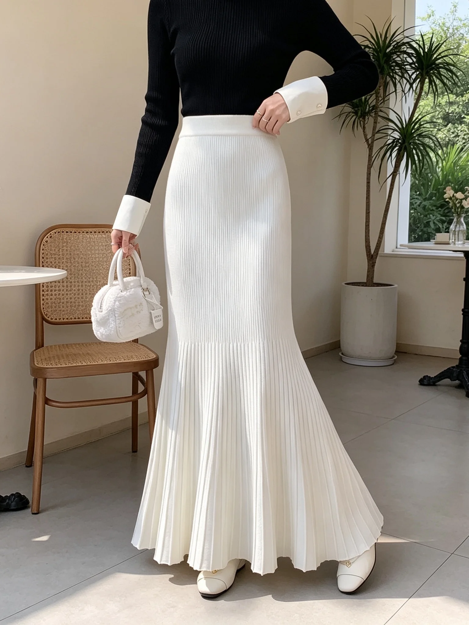 Elegant Knitted Fish Tail Skirt High Waist Slim Fit Winter Women's Long A-Line Skirt Draping Sense Polyester Fiber