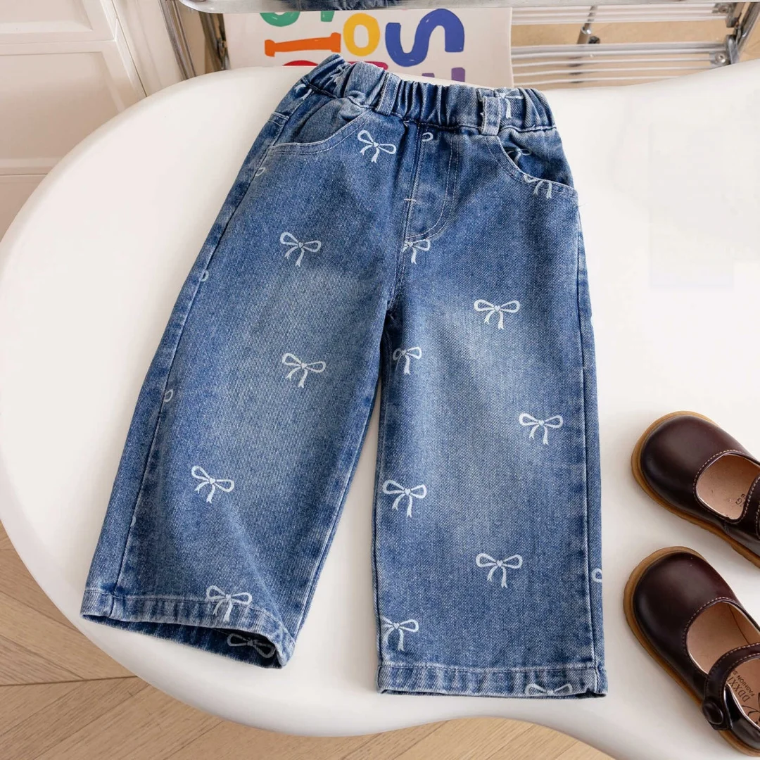 Autumn 2-7Y Girls Denim Pants Wide Leg Bow Print Children Jeans Girls Trousers Loose Straight Casual Kids Trousers