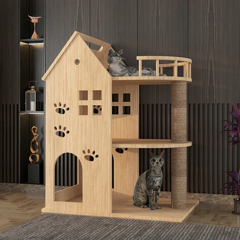 Cat Tree House Climbing Frame Cattery Wooden Cat Villa Toy  House Castle Space Capsule Climbing Pole Condo Tower Furniture