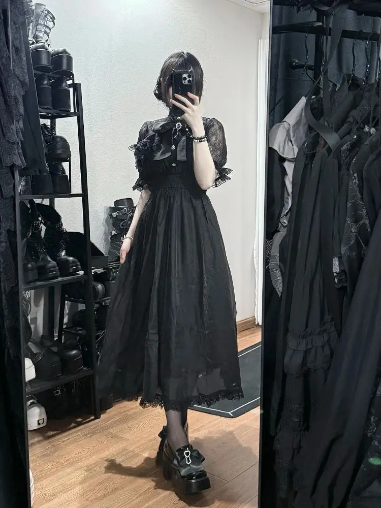 ゴシックヴィンテージY2K和風ワンピース レディース服 蝶ネクタイ レース ロリータファッション ショート丈パーティードレス スリム エレガント ミディ丈ワンピース 新作