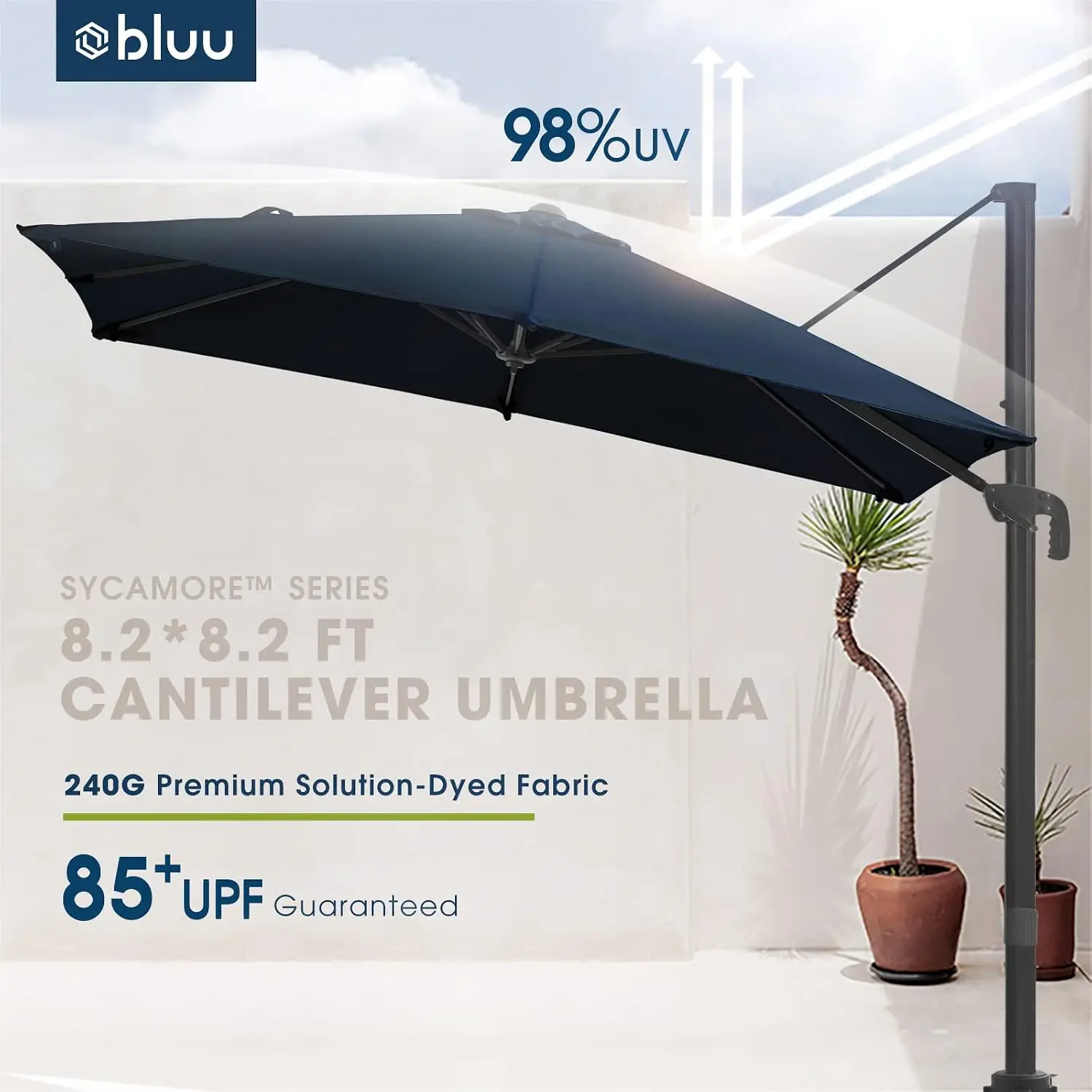 Square Cantilever Patio Umbrella Aluminum Offset Outdoor UV Fabric 360° Rotation Tilt Cross Base 8.2FT, Customized