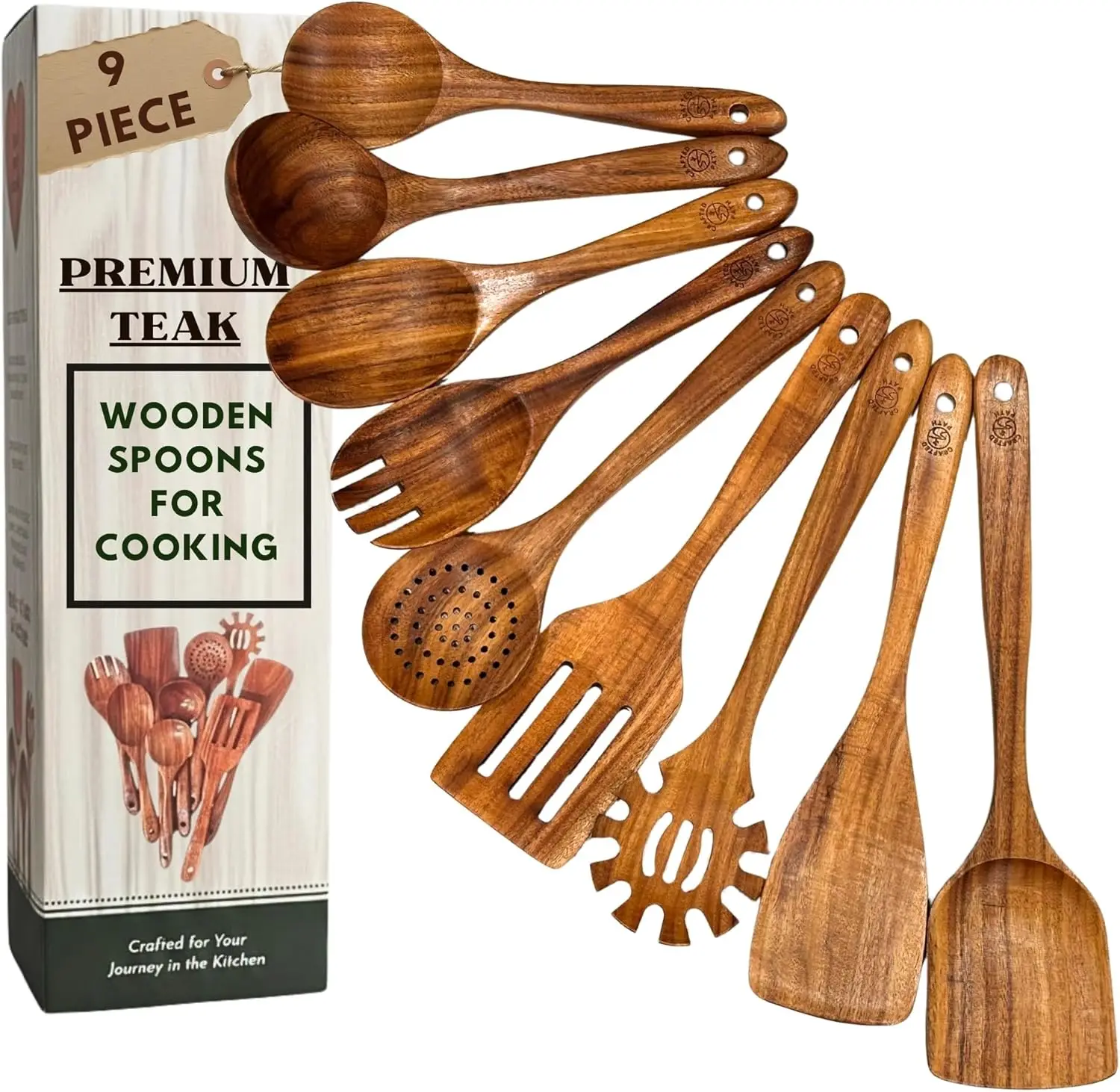 

Teak Wooden Utensil Set (9-Piece) – Teak Cooking Utensils for Nonstick Cookware, Teak Wooden Spoons for Cooking & Spatu