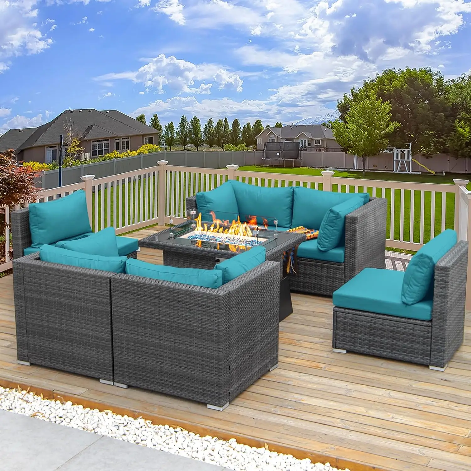 

PE Wicker Patio Set Sectional High Back Large Size Sofa Sets with Propane Fire Pit Table 55000 BTU Balcony Rattan Lounge Sets