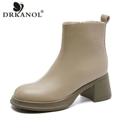DRKANOL Women High Heel Boots Autumn Winter Side Zipper Real Cowhide Solid Color Ankle Boots For Women Casual Thick Heel Shoes